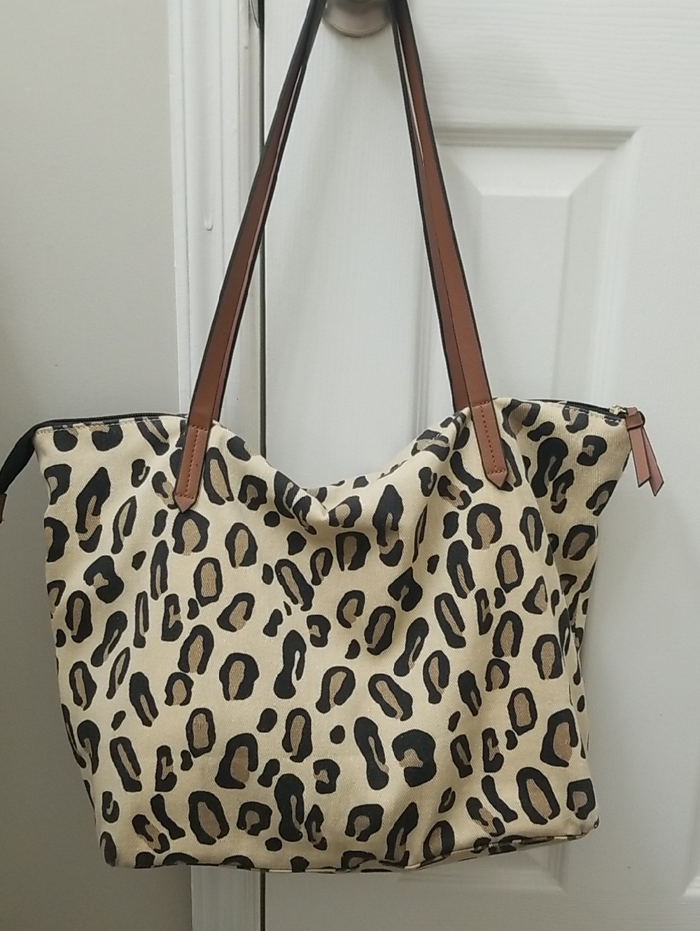 Leopard Print Canvas Tote Bag with Brown Straps